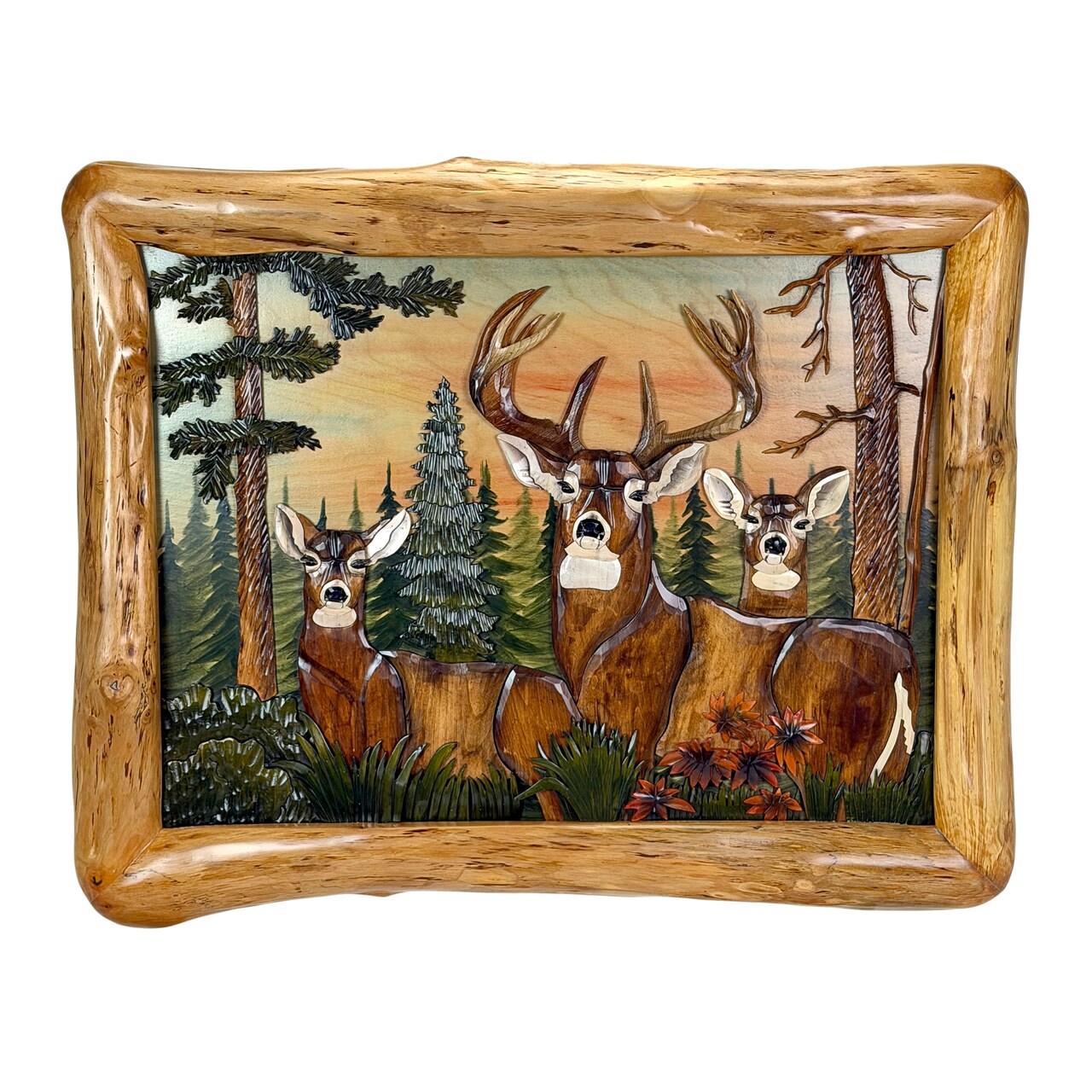 Deer in Woods Intarsia Wood Wall Sculpture 36x28 Rustic Cabin Lodge Decor